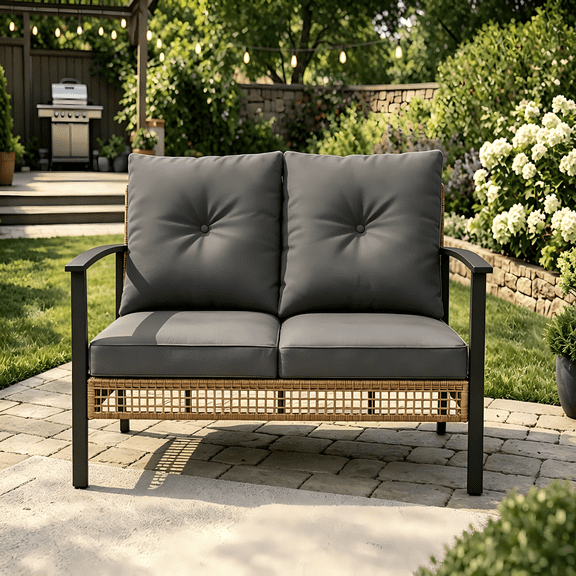 Deersky 2-Seat Outdoor Patio Loveseat, All-Weather PE Rattan Wicker Chair with Thick Cushions for Porch, Balcony, Garden