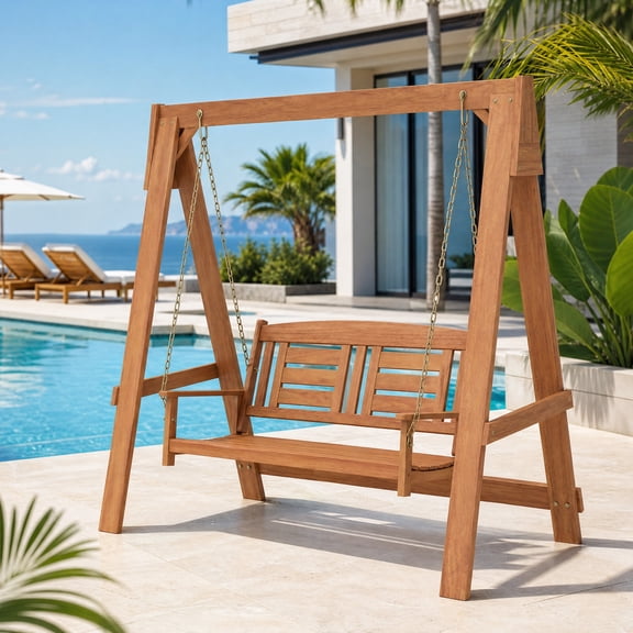 2-Seat Outdoor Patio Swing with Stand Adjustable Chains,Hardwood Swing Glider Hammock for Patio, Garden