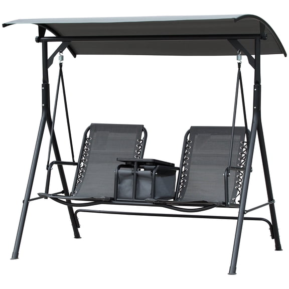 2-Seat Outdoor Porch Swing with Adjustable Canopy, Storage Table, Cup Holders, Breathable Mesh, Steel Frame, Gray