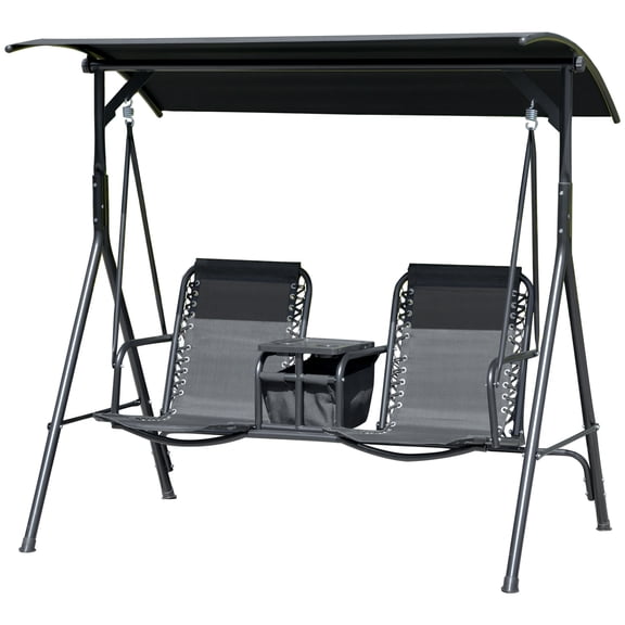 2-Seat Outdoor Porch Swing with Pivot Storage Table, Cup Holder, Adjustable Canopy, Steel Frame, Breathable Mesh Seat, Black