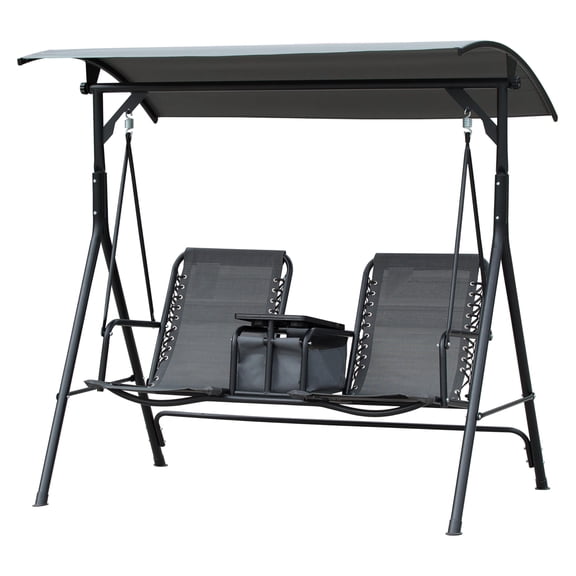 2-Seat Outdoor Swing Canopy, Patio Porch Swing with Storage Table & Cup Holders, Adjustable Shade, Steel Frame, Breathable Mesh, Gray