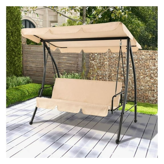 2-Seat Outdoor Swing Chair Convertible to Flat Bed, Adjustable Canopy - Patio Swing Glider for Garden, Backyard, Beige - 600lbs Capacity