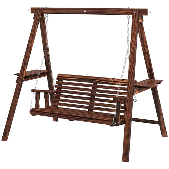 2-Seat Outdoor Swing Chair with Stand and Side Tables for Garden, Patio, Backyard, Carbonized Fir Wood