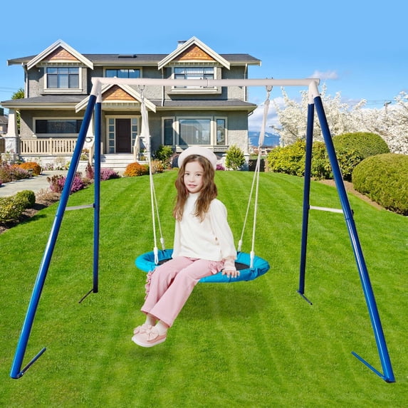2 Seat Outdoor Swing with Adjustable Rope,Saucer Swing&Belt Swing,Easy to Clean,Metal Frame Swing Sets for Backyard,Antique Blue