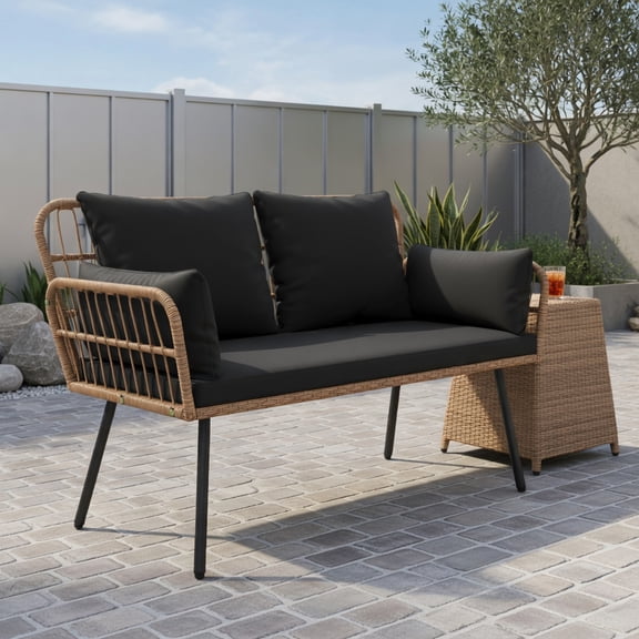 2-Seat Outdoor Wicker Loveseat with Black & Off-White Cushions, Heavy-Duty Metal Frame, PE Rattan Patio Chair for Backyard, Deck or Balcony