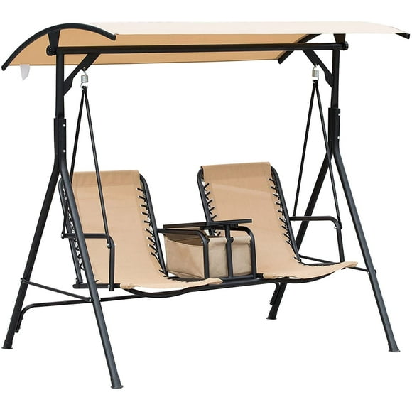 2-Seat Patio Swing Chair, Outdoor Canopy Swing Glider with Pivot Storage Table, Cup Holder, Adjustable Shade, Bungie Seat Suspension and Weather Resistant Steel Frame, Beige