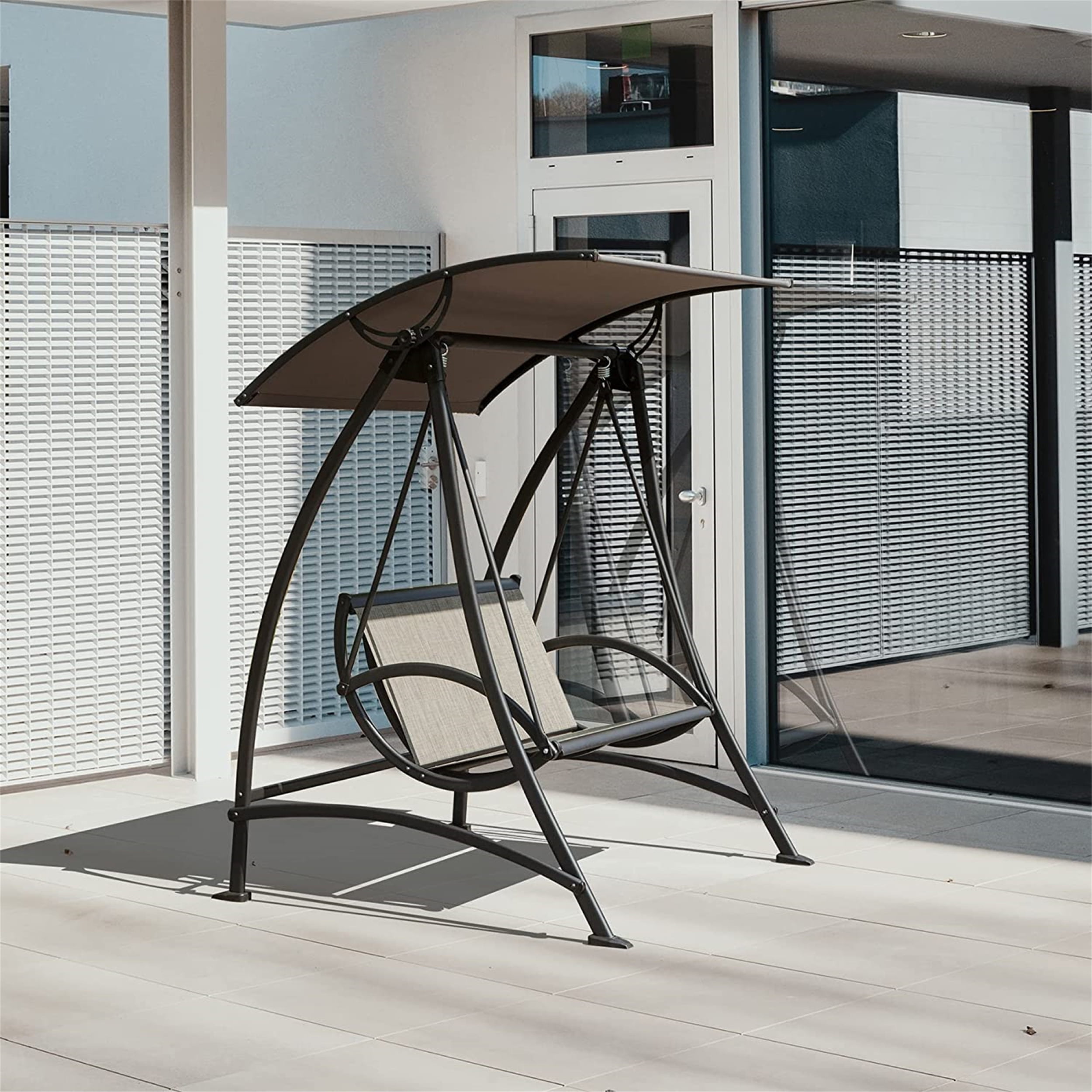Brown Steel Frame 2-Seat Patio Swing Chair with Adjustable Canopy