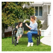2-Seat Porch Glider with HDPE Back - Steel Frame Outdoor Bench for Patio, Garden, Backyard - Black/Brown - 600lbs Capacity - Ergonomic, Weather Resistant, Smooth Gliding