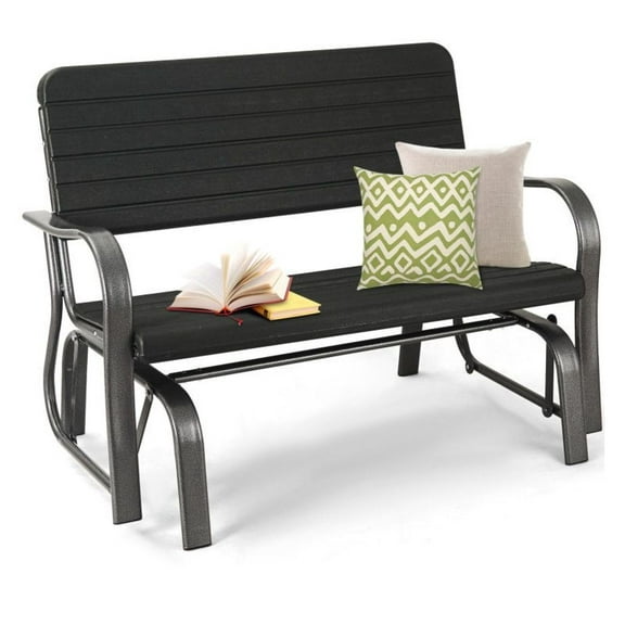 2-Seat Porch Glider - Outdoor Patio Bench with HDPE Seat & Steel Frame - 600lbs Capacity - Black/Brown