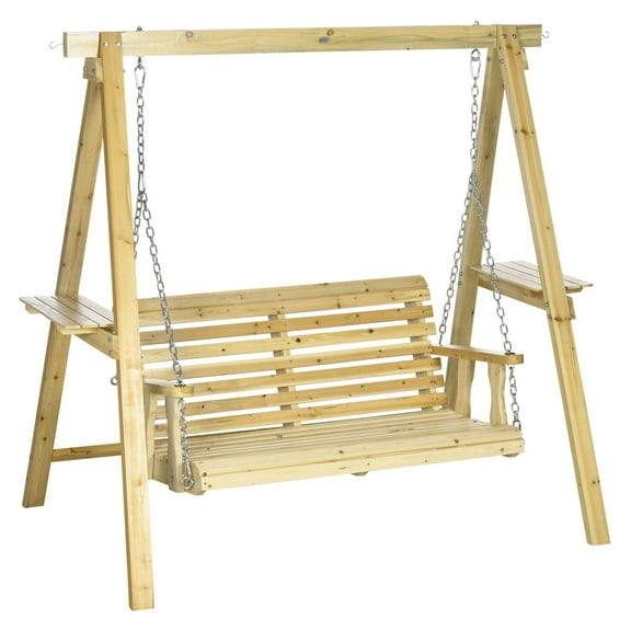 2-Seat Porch Swing Loveseat with Stand, Wooden Patio Swing Chair for Outdoor, Garden, Backyard - 726lbs Capacity