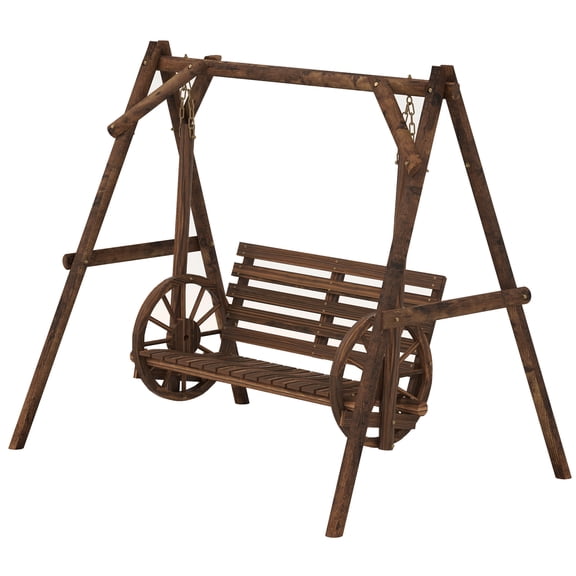 2-Seat Porch Swing with A-Frame Stand, Wooden Log Patio Swing Chair Bench with Wagon Wheel Armrests, Carbonized Brown
