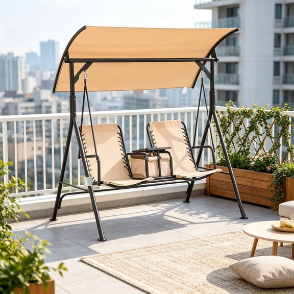 2-Seat Porch Swing with Adjustable Canopy, Built-in Storage Table & Cup Holders for Backyard, Beige