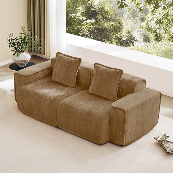 2-Seat Sectional Boneless Sofa with French Edge Piping, Modular Couch with Streamlined Design, Velvet Sofa Couch with Throw Pillows, No Assembly Required, Brown