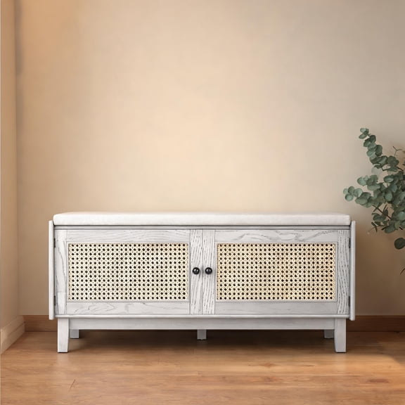 2-Seat Storage Entry Bench, Boho Rattan Cushioned Shoe Organizer for Hallway, Cool Gray Beige 43 Inch