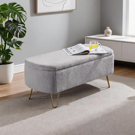 2-Seat Storage Ottoman Bench, End of Bed Entryway Use, Classic Gray Faux Fur with Storage Gold Legs