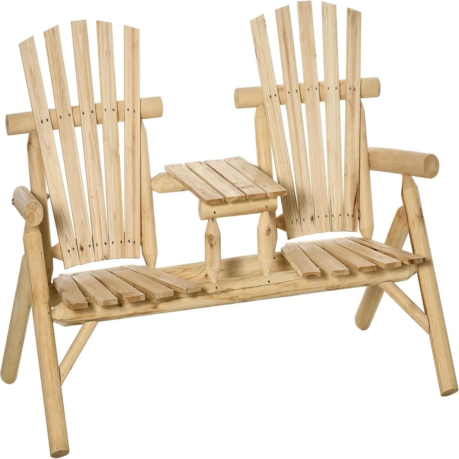2Seat Wooden Adirondack Chair Patio Bench with Table Outdoor Loveseat