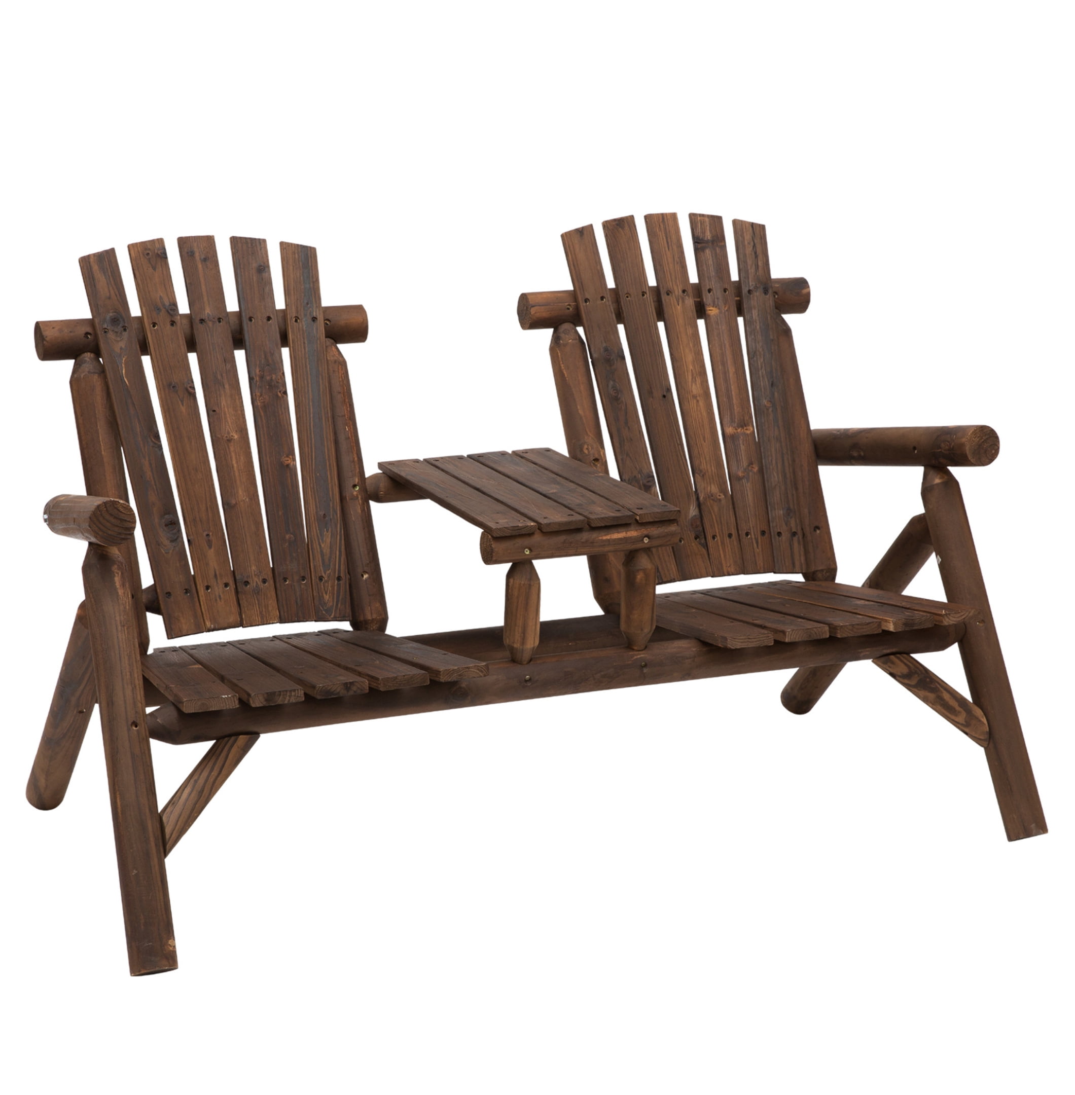 2-Seat Wooden Adirondack Chair, Patio with Table, Outdoor Loveseat Chair for Porch, Backyard, Deck, Carbonized