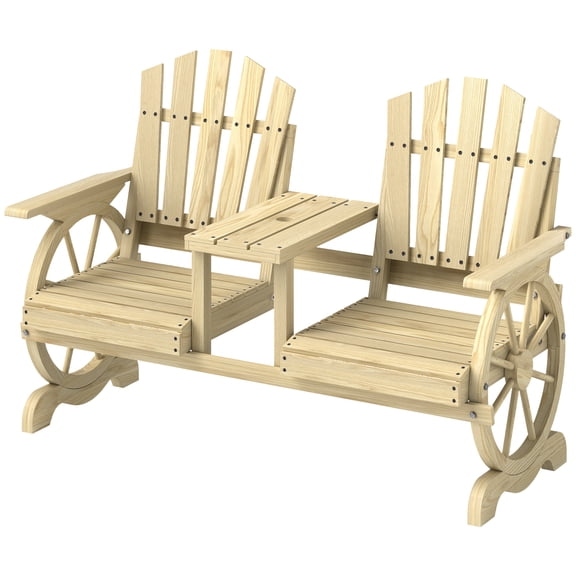 2-Seat Wooden Garden Bench with Table & Umbrella Hole, High Backrest Armrests for Patio, Backyard, Natural Fir Wood
