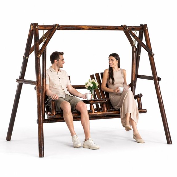 2-Seat Wooden Porch Swing, with Center Table, Fir Wood, A-Frame Stand, 650 Lb Weight Capacity