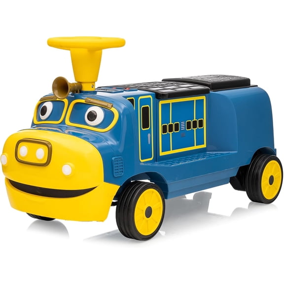 2 Seater 12V Ride on Train Trackless, Licensed by CHUGGINGTON Train, Electric Car w/Height-Adjustable Seat, Under Seat Storage, Light, Hork, Christmas Theme Gift 37+Months Blue, No Carriage