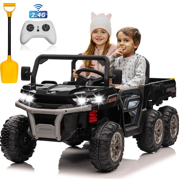 4x4 24V Ride on Dump Truck with Remote Control, 2 Seater Electric Powered Ride on Toys, 6-Wheel UTV Car w/ Tipping Bucket Trailer, Shovel, Suspension, Bluetooth Music, Big Kids, Black