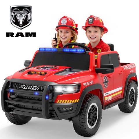 24V Ride on Fire Truck, Licensed RAM 1500 2 Seater Ride on Toy Car for Kids, Battery Powered Kids Electric Car with Remote Control, Bluetooth, LED Lights, Siren, Rear Storage, 4-Wheel Suspension, Red