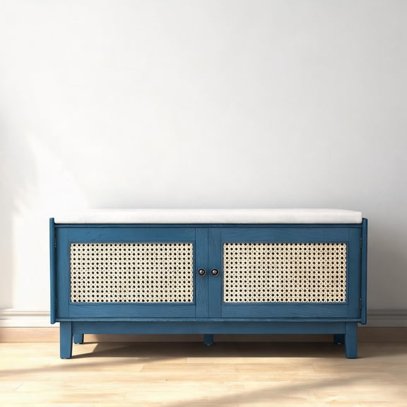 2-Seater Boho Rattan Storage Entryway Bench, Blue Finish Pine Wood Shoe Organizer for Hallway