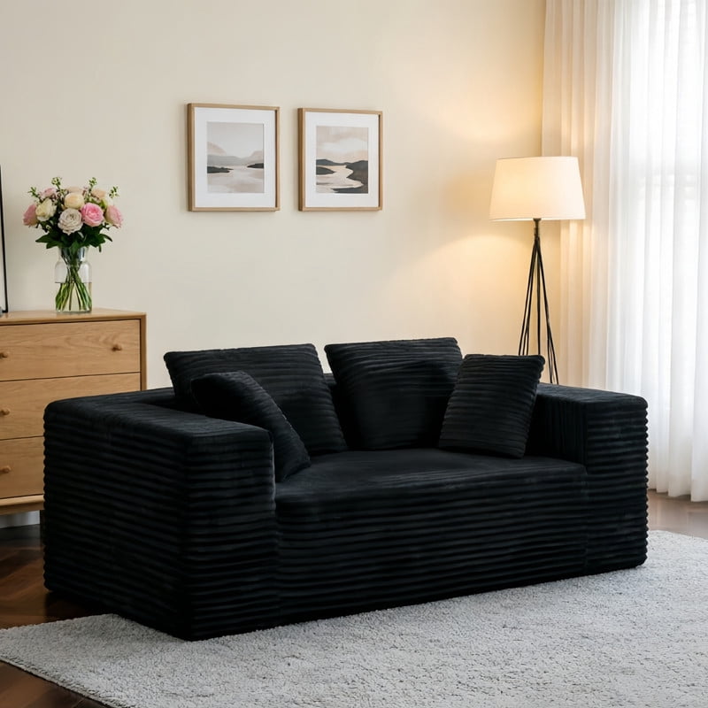 2-Seater Boneless Upholstered Sofa, No Assembly Sleeper Couch, Memory Foam Loveseat with Throw Pillow