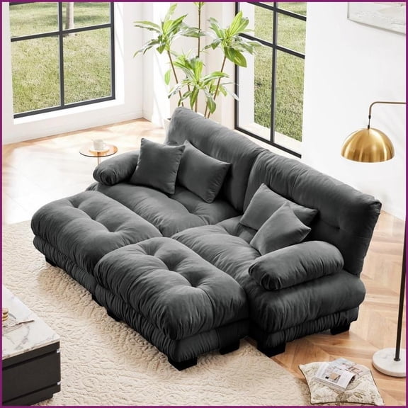 2-Seater Chenille Gray Sleeper Sofa with Ottomans | Cloud Comfort Living Room | Cushion Back | Chenille Fabric | Gray Color