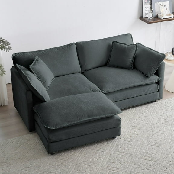 2-Seater Chenille Sofa with 1 Footrest, L-Shaped Sectional with Ottoman,Loveseat with Ottoman for Small Living Space (Gray)