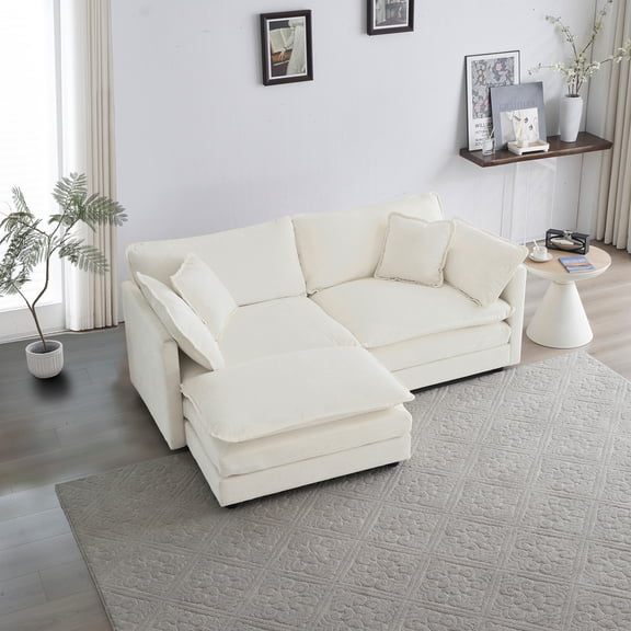 2-Seater Chenille Sofa with 1 Footrest, L-Shaped Sectional with Ottoman,Loveseat with Ottoman for Small Living Space (White)