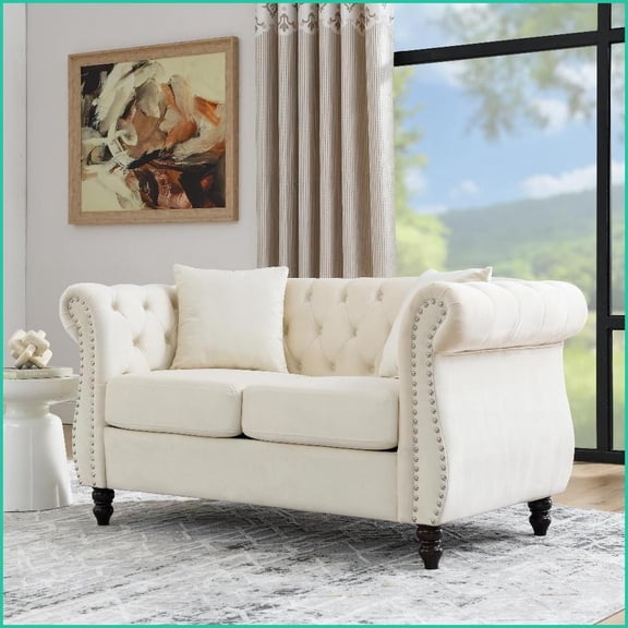 2-Seater Chesterfield Tufted Sofa with Pillows  Beige Velvet Rolled Arms for Living Room, Bedroom, Office