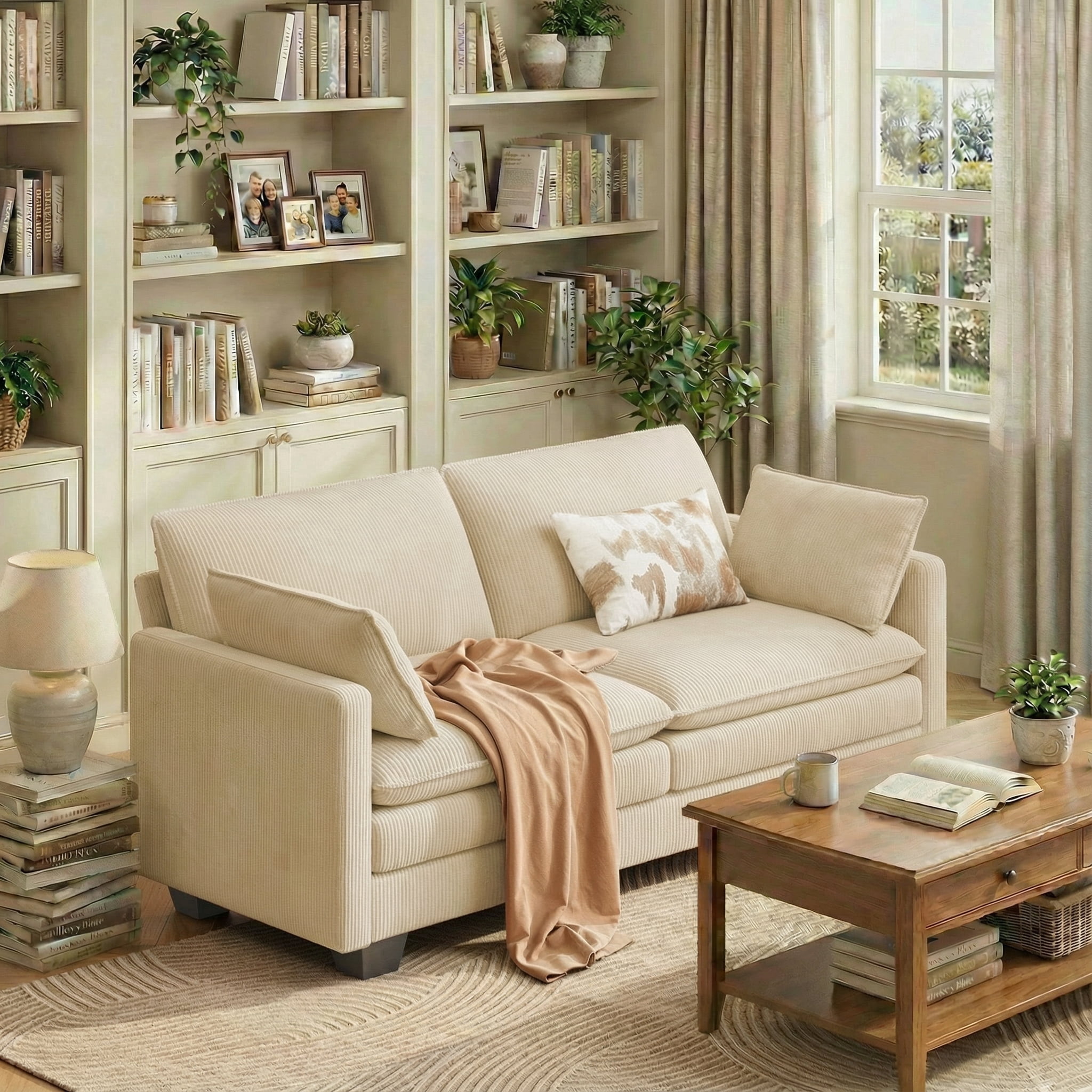 2-Seater Cloud-Like Loveseat Sofa - Double-Layer Upholstered Cushions, Pet-Friendly Corduroy Couch for Bedroom, Living Room & Apartment, Beige