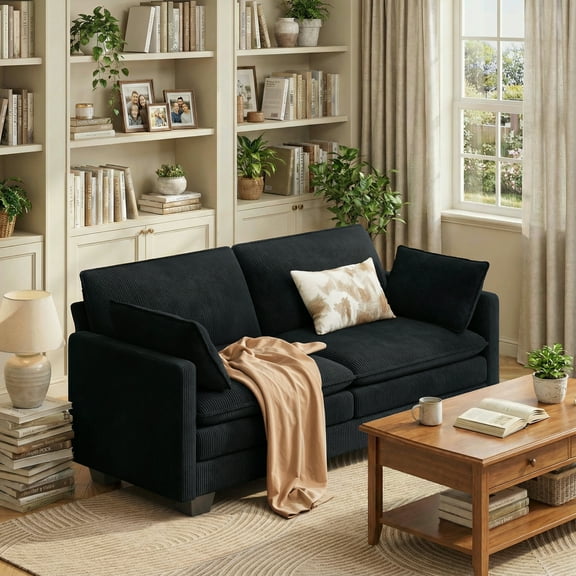 2-Seater Cloud-Like Loveseat Sofa - Double-Layer Upholstered Cushions, Pet-Friendly Corduroy Couch for Bedroom, Living Room & Apartment, Black