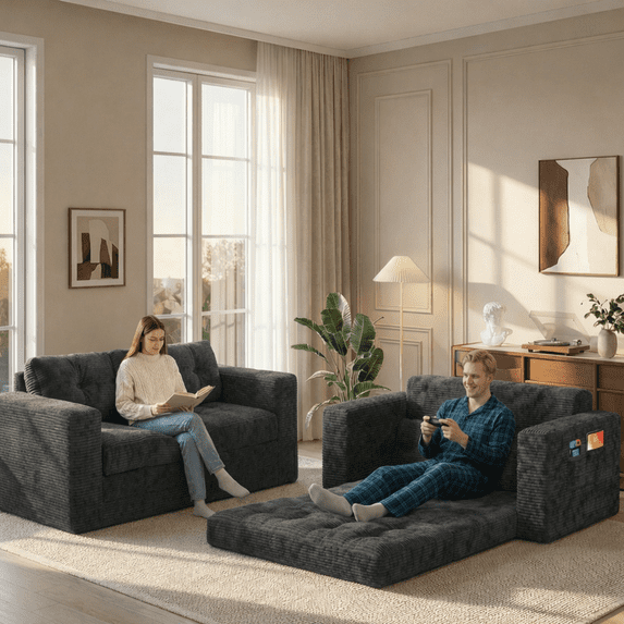 2-Seater Cloud-Like Loveseat Sofa - Double-Layer Upholstered Cushions, Pet-Friendly Corduroy Couch for Bedroom, Living Room & Apartment, Dark Grey