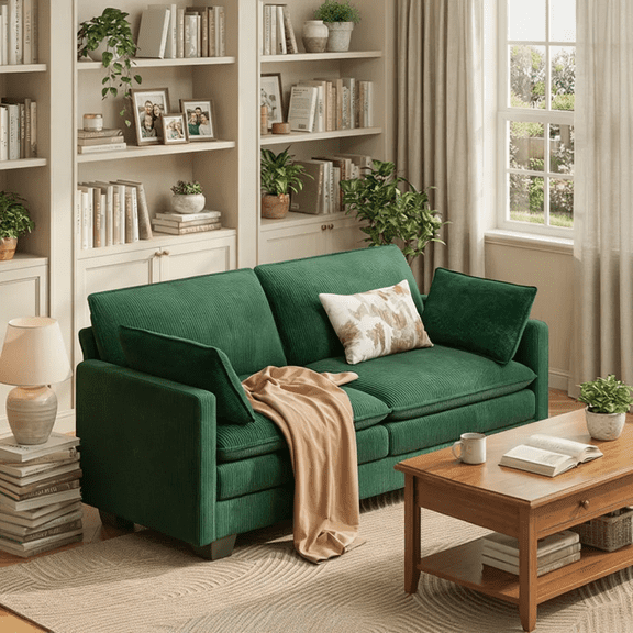 2-Seater Cloud-Like Loveseat Sofa - Double-Layer Upholstered Cushions, Pet-Friendly Corduroy Couch for Bedroom, Living Room & Apartment, Green