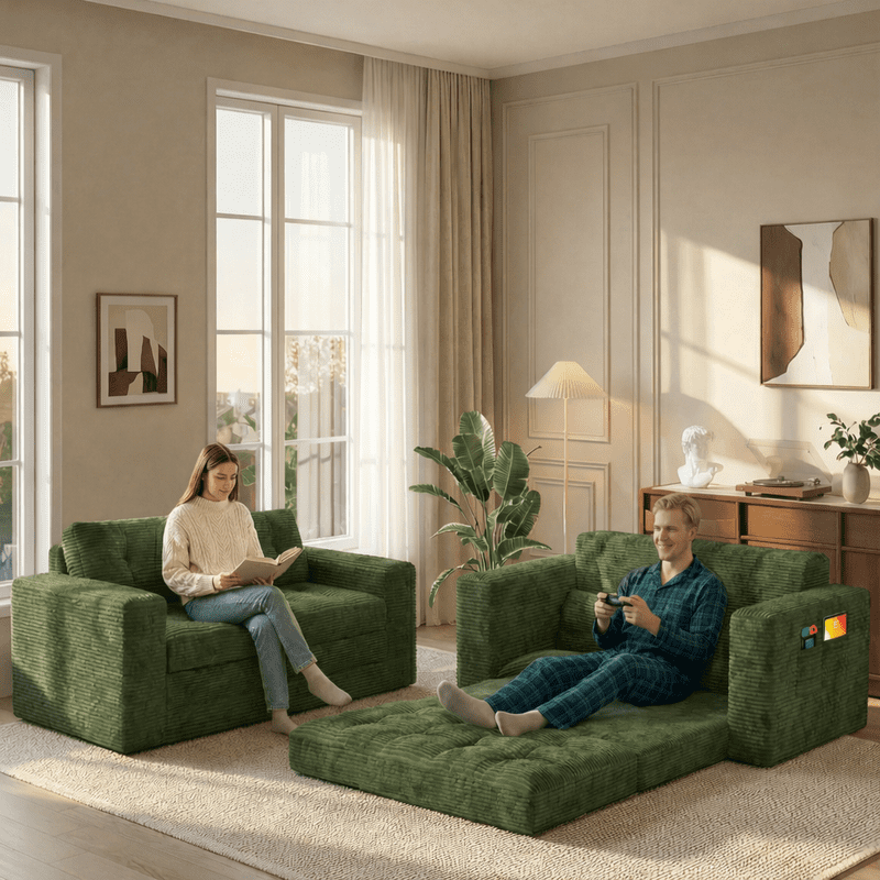 2-Seater Cloud-Like Loveseat Sofa - Double-Layer Upholstered Cushions, Pet-Friendly Corduroy Couch for Bedroom, Living Room & Apartment, Green