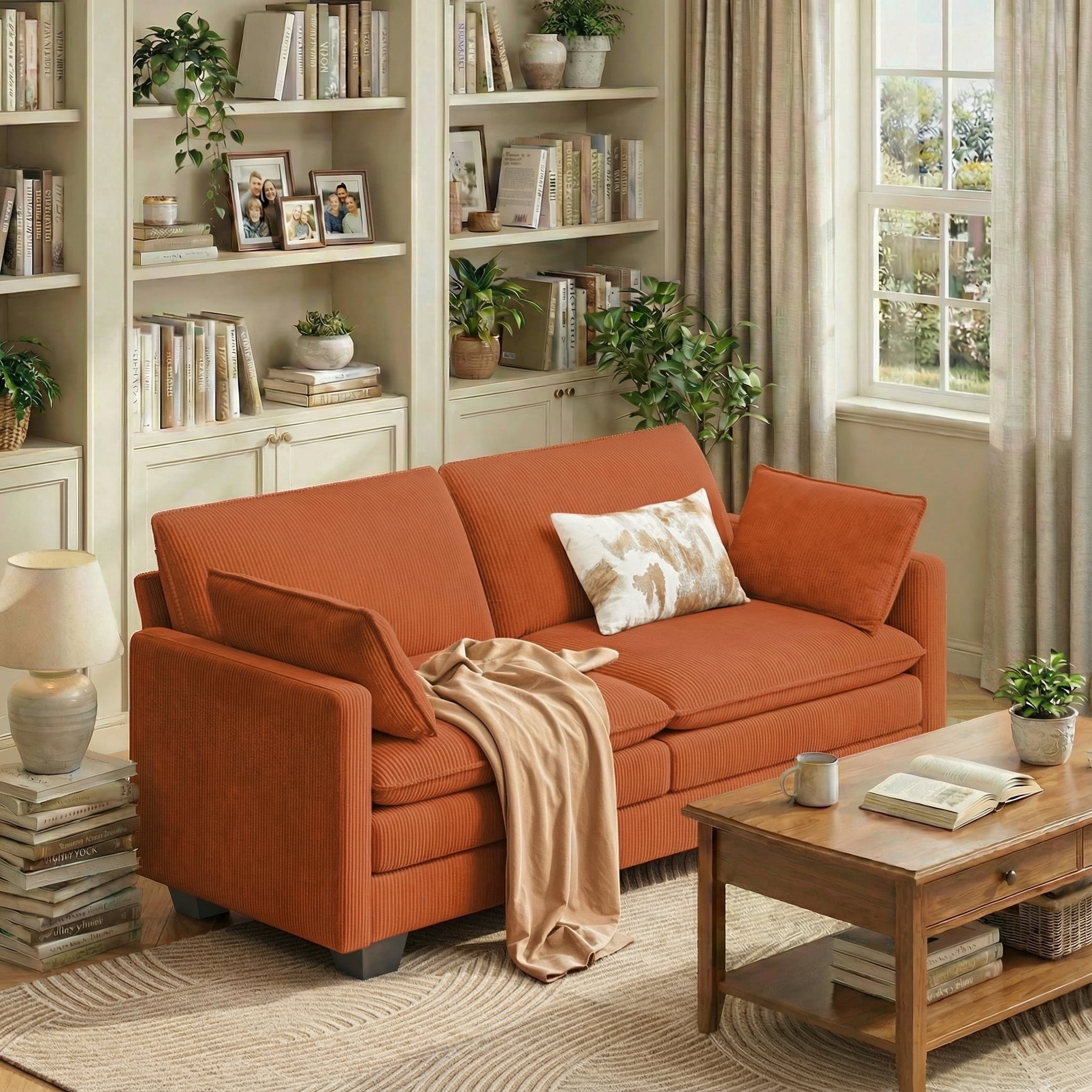 2-Seater Cloud-Like Loveseat Sofa - Double-Layer Upholstered Cushions, Pet-Friendly Corduroy Couch for Bedroom, Living Room & Apartment, Orange