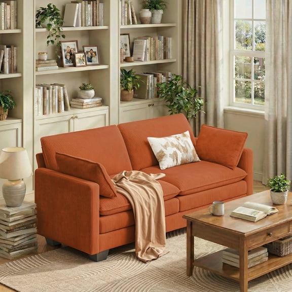 2-Seater Cloud-Like Loveseat Sofa - Double-Layer Upholstered Cushions, Pet-Friendly Corduroy Couch for Bedroom, Living Room & Apartment, Orange