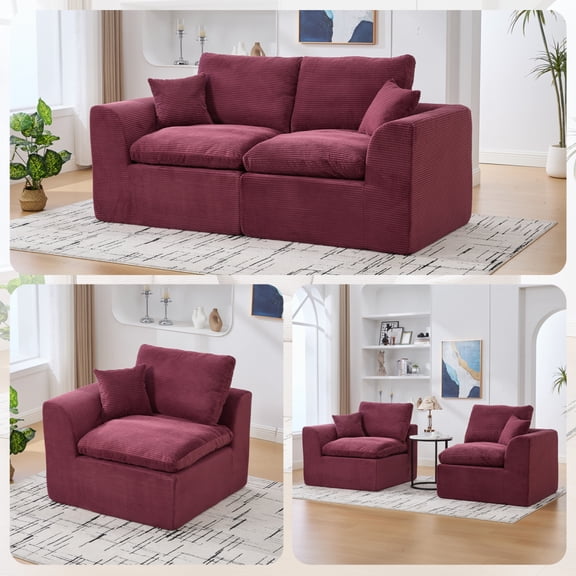 2-Seater Cloud Modular Sofa - Removable Cushion Covers, No Assembly Required for Living Room,WINE RED