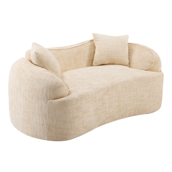 2-Seater Compressed Curved Sofa, Beige Soft Chenille Upholstered Couch with Armrests & 2 Pillows, Foam & Spring Support No Assembly Required, Minimalist Small Space Furniture for Living Room Bedroom