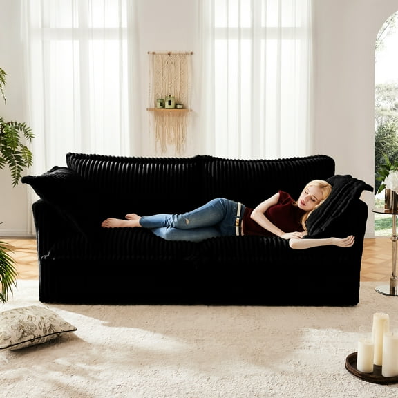 2 Seater Corduroy For , Deep Seat With Upholstered Cushion & Detachable Cover, Comfy, Black Modern Exhibition, 2