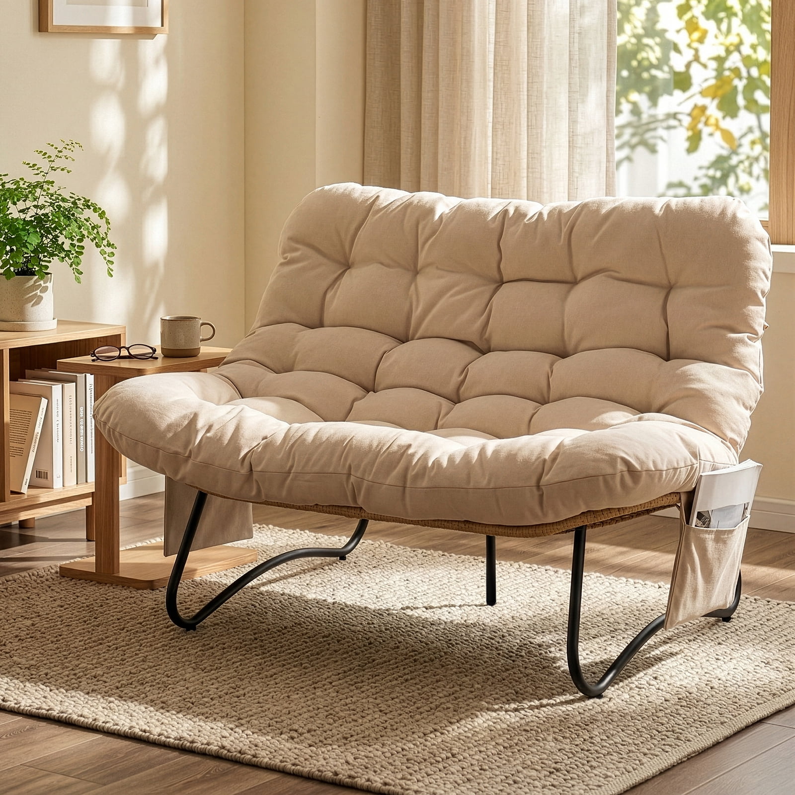 2-Seater Curved Wicker Loveseat with Magazine Pockets & Beige Cushion, 133x94x87cm