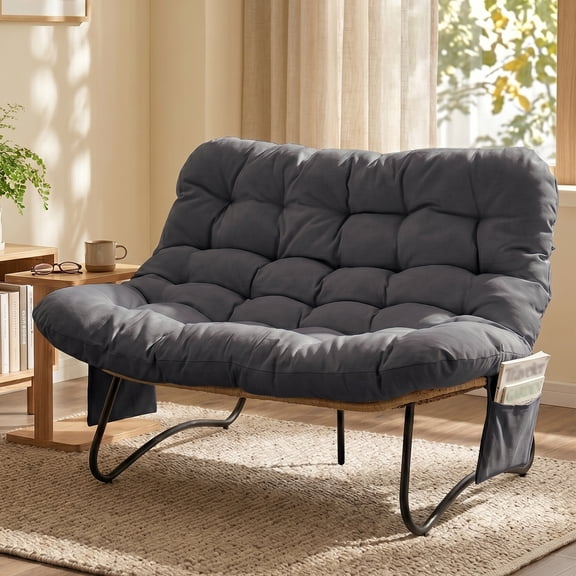 2-Seater Curved Wicker Loveseat with Magazine Pockets & Grey Cushion, 133x94x87cm