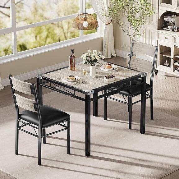 2-Seater Dining Table Set with Corner Protector, Table & 2 Upholstered Chairs for Small Spaces & Apartments, Retro Gray