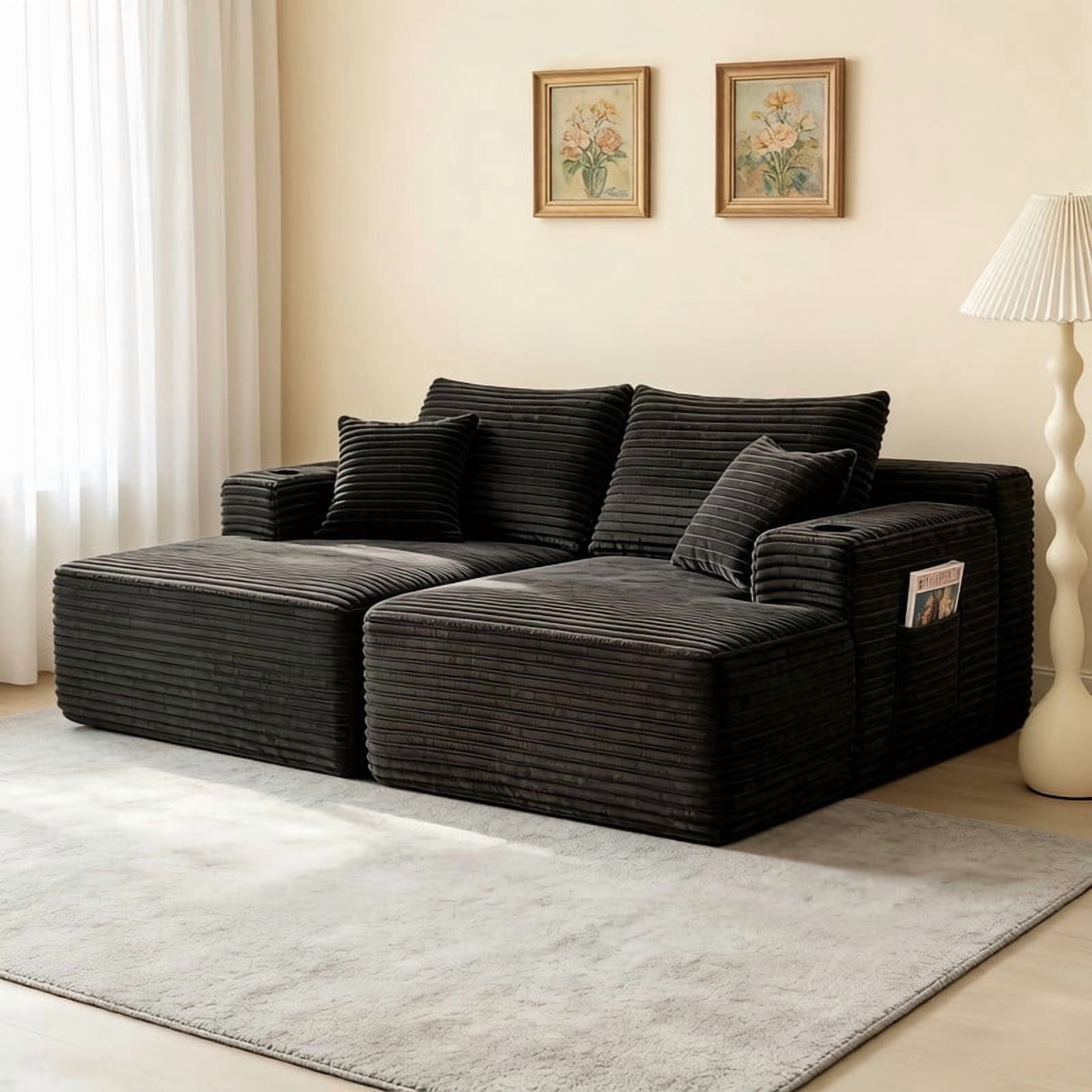 2-Seater Double Chaise Lounge, Deep Seat Upholstered Floor Couch, Boneless Loveseat Sofa with Cup Holder & Storage Pocket