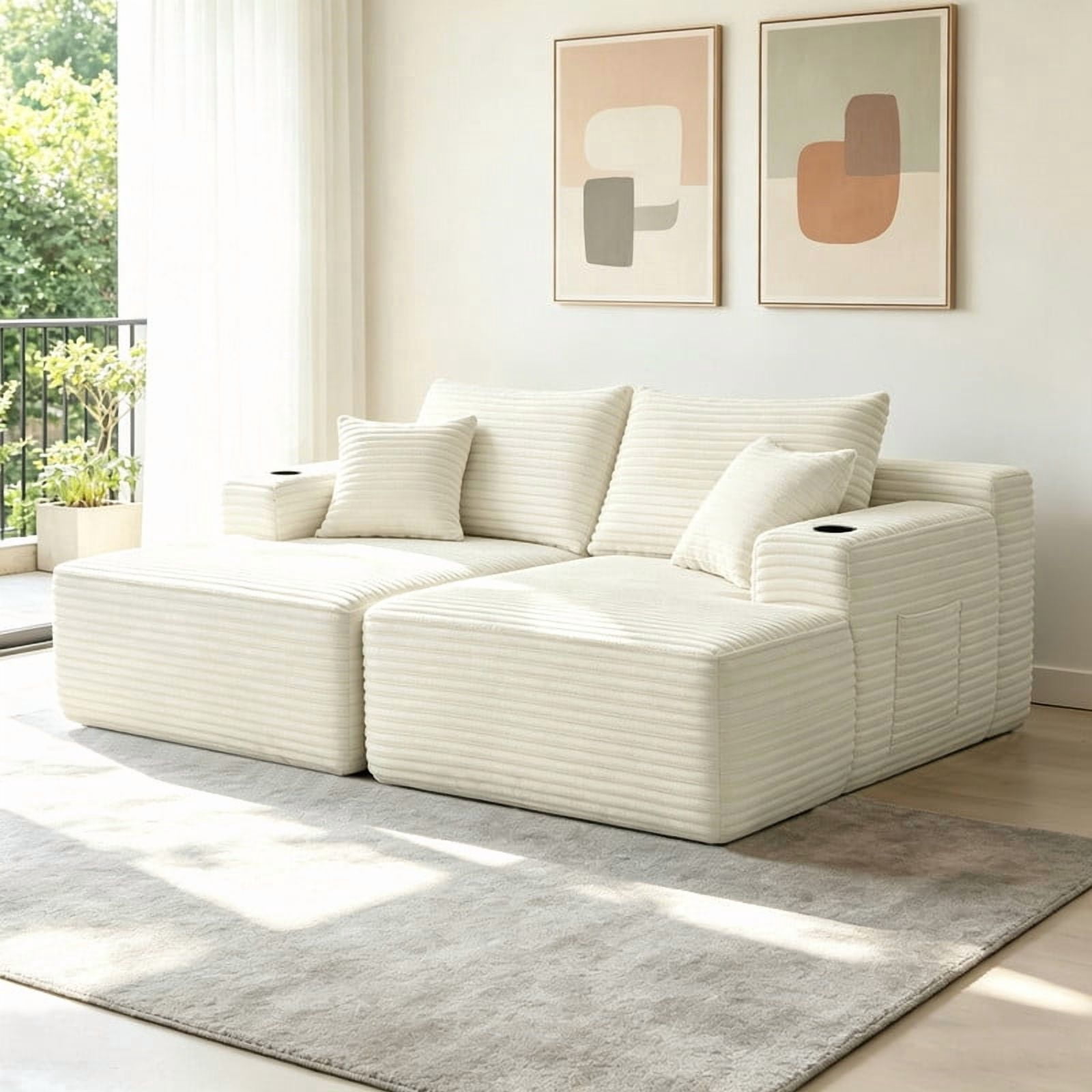 2-Seater Double Chaise Lounge, Deep Seat Upholstered Floor Couch, Boneless Loveseat Sofa with Cup Holder & Storage Pocket