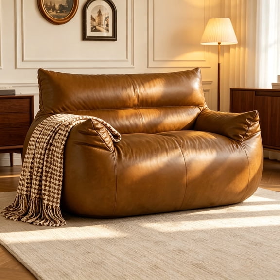 2-Seater Faux Leather Bean Bag Chair with Armrests, Large Lazy Floor Sofa, Comfort Lounge Couch for Indoor Relaxation