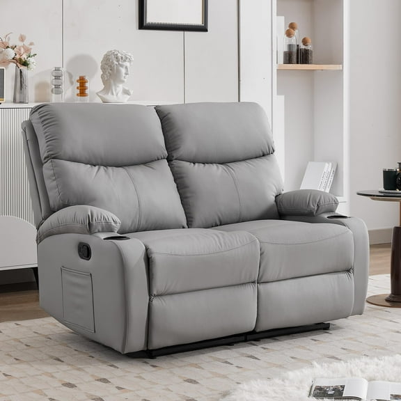 2-Seater Faux Leather Double Recliner Couch with Storage Pockets for Couples Movie Nights Light Grey Reclining Loveseat Sofa Cozy Living Rooms