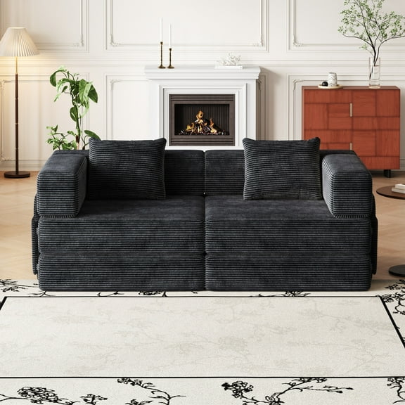2 Seater Folding Convertible Sofa Bed, 72.4 Inch Boneless Couch with Side Storage Pockets, Corduroy Loveseat Sleeper with Pull Out Bed for Living Room Bedroom Lounge, Black